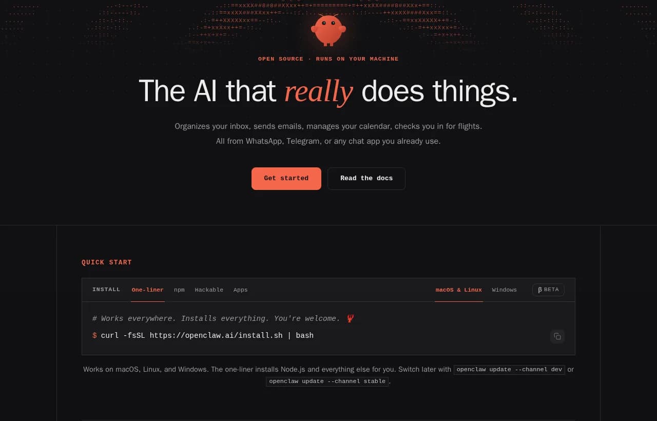 OpenClaw landing page with the tagline The AI that really does things and a one-line install command