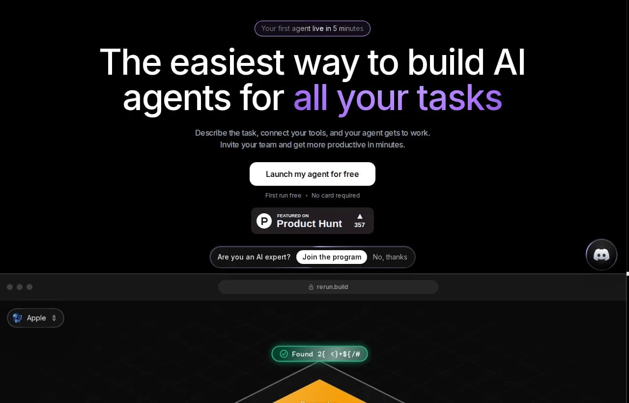 Rerun landing page showing the easiest way to build AI agents you can watch work