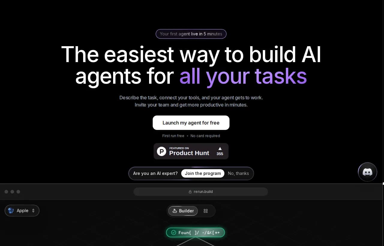 Rerun landing page hero showing the easiest way to build AI agents you can watch work