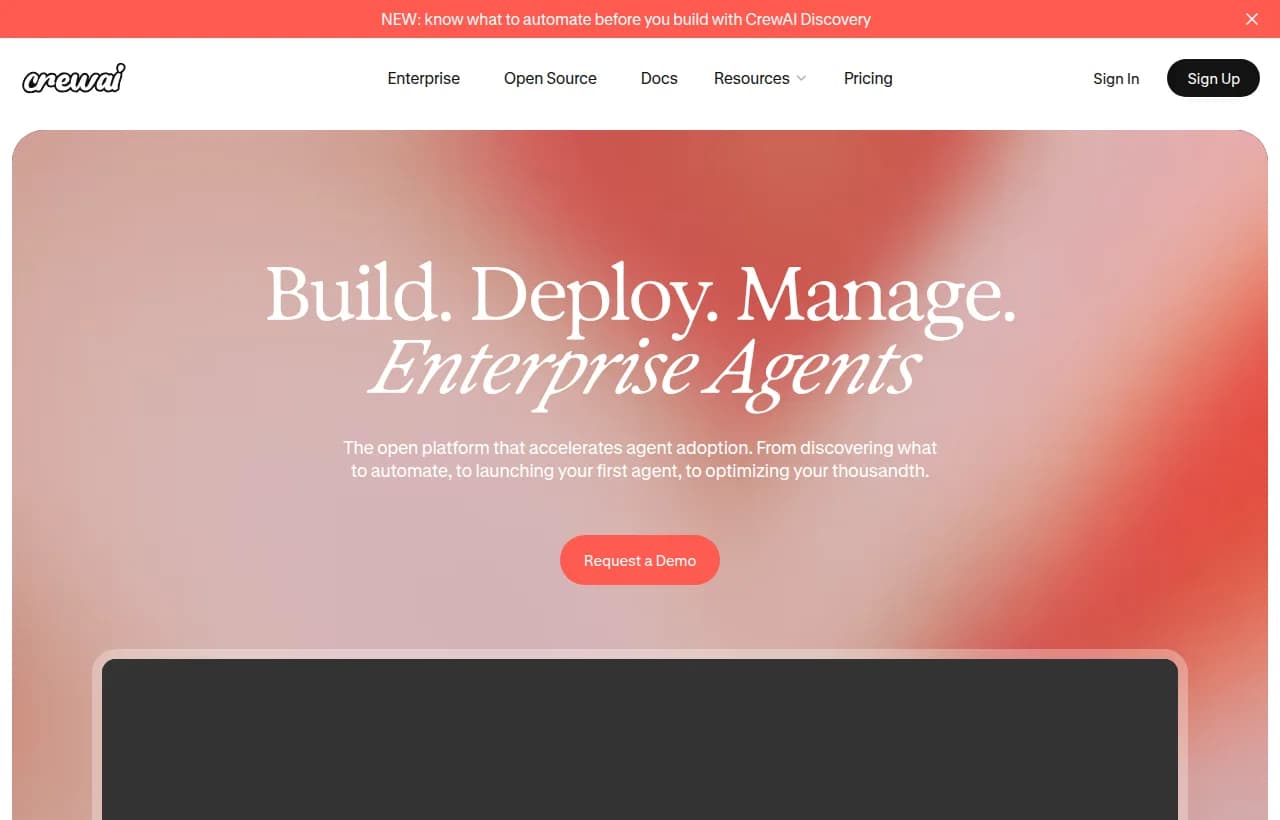 CrewAI landing page — hero section showing the multi-agent platform for autonomous AI crew workflows