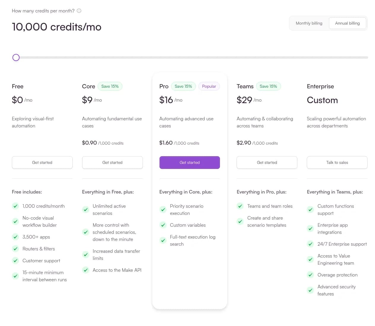 Make pricing page in October 2026 with annual billing and 10,000 credits, Core at $9, Pro at $16 and Teams at $29 a month