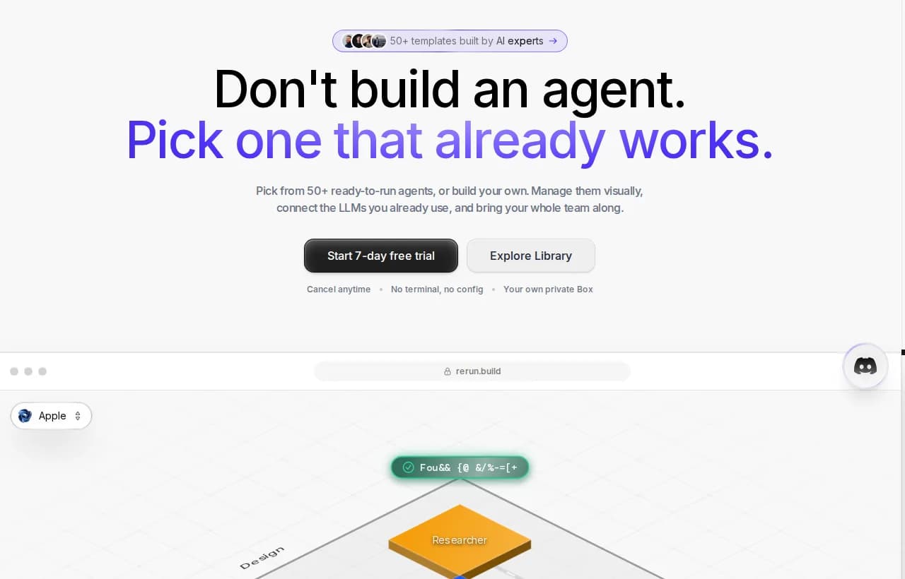 Rerun dashboard letting you pick from 50-plus ready-to-run agents and watch them work live