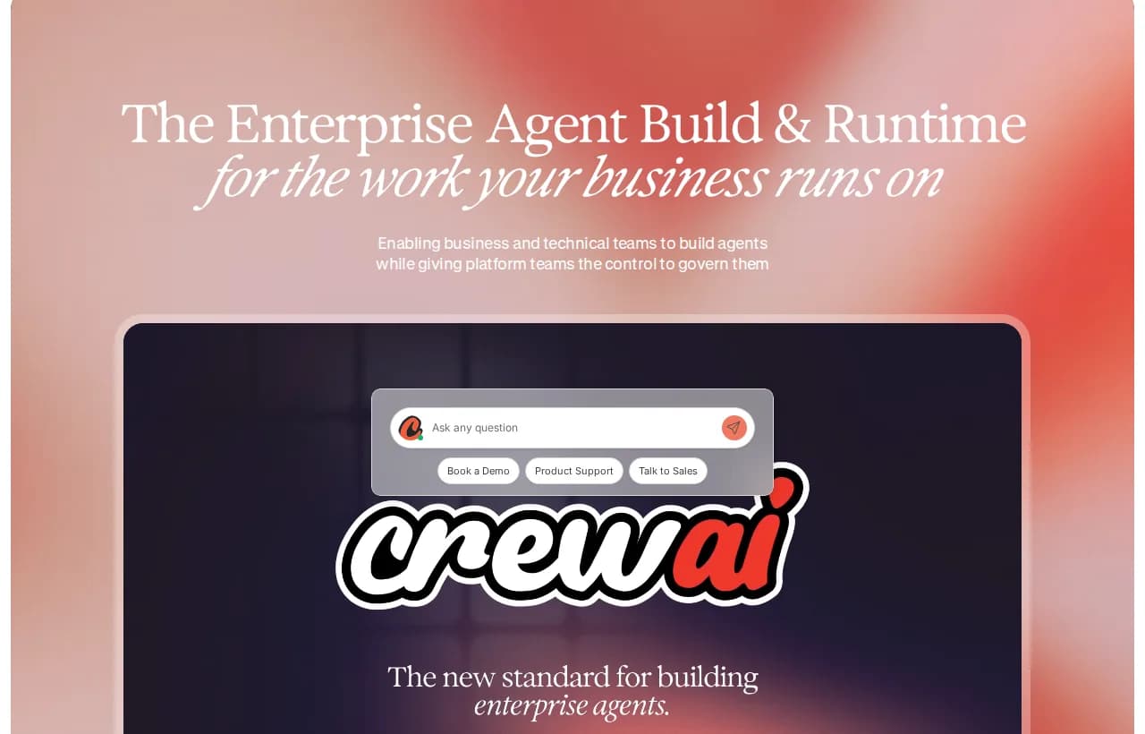 CrewAI homepage hero showing its enterprise agent build and runtime platform positioning