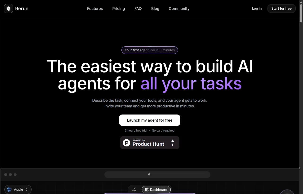 Rerun.build landing page — hero section showing autonomous AI agents working live on a real-time dashboard