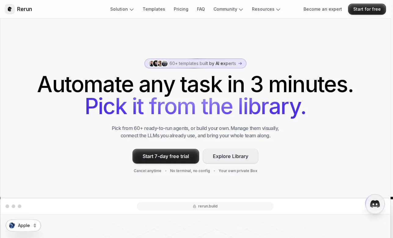 Rerun landing page showing autonomous AI agents you can watch work, from $24 per month