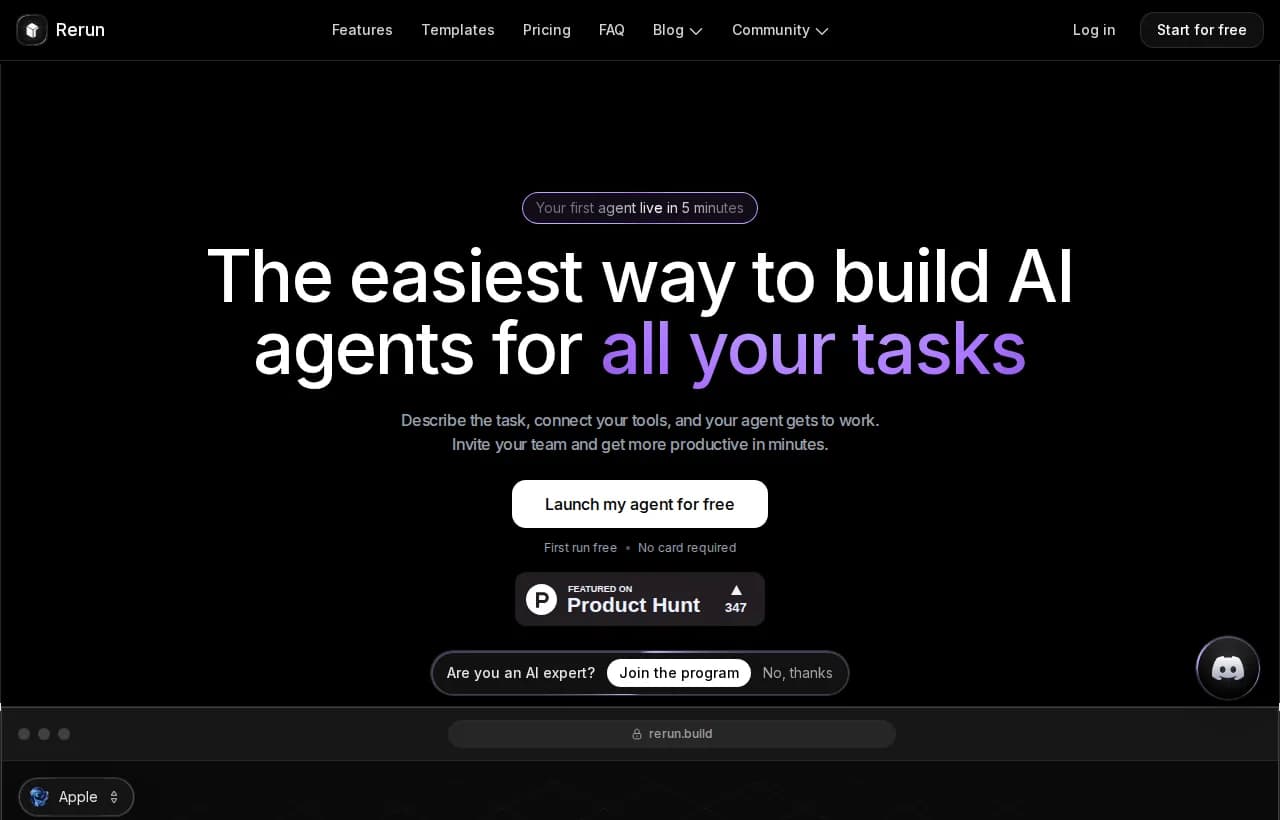 Rerun landing page hero showing agents you build and watch work live on a dashboard
