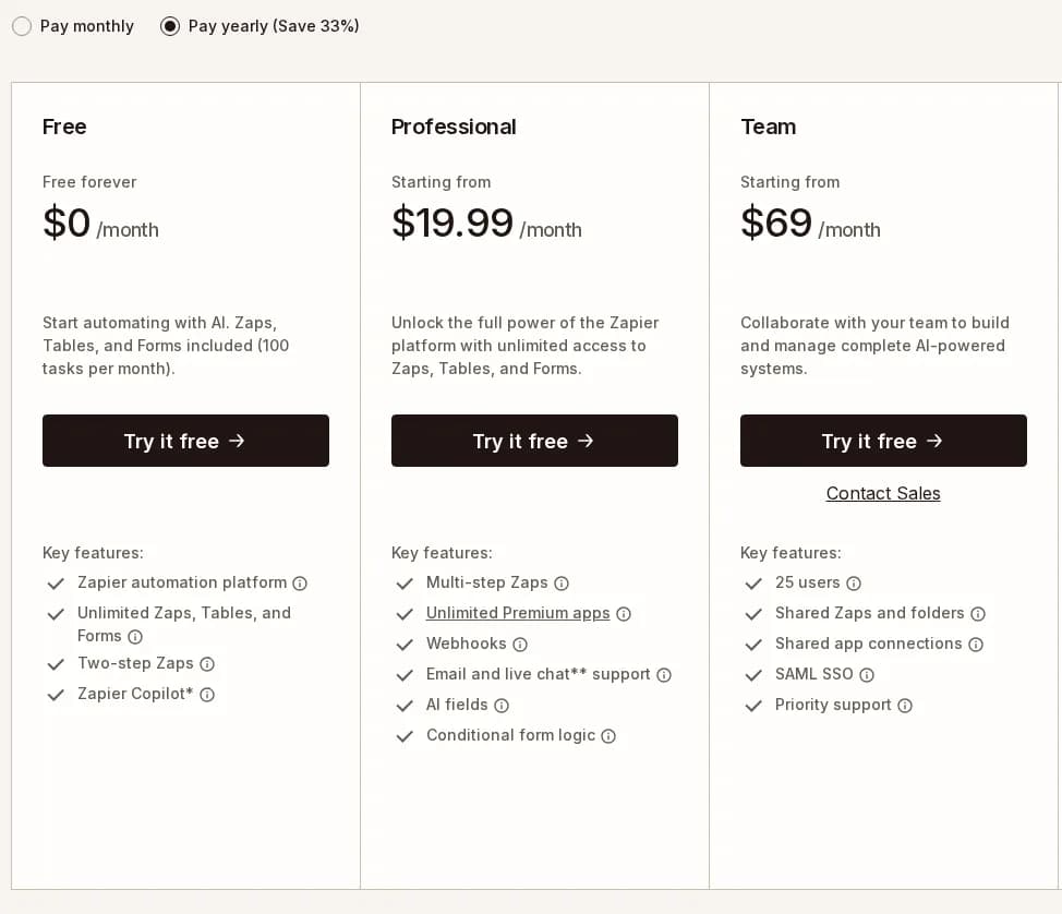 Zapier pricing page in October 2026 with yearly billing selected, Professional from $19.99 and Team from $69 a month
