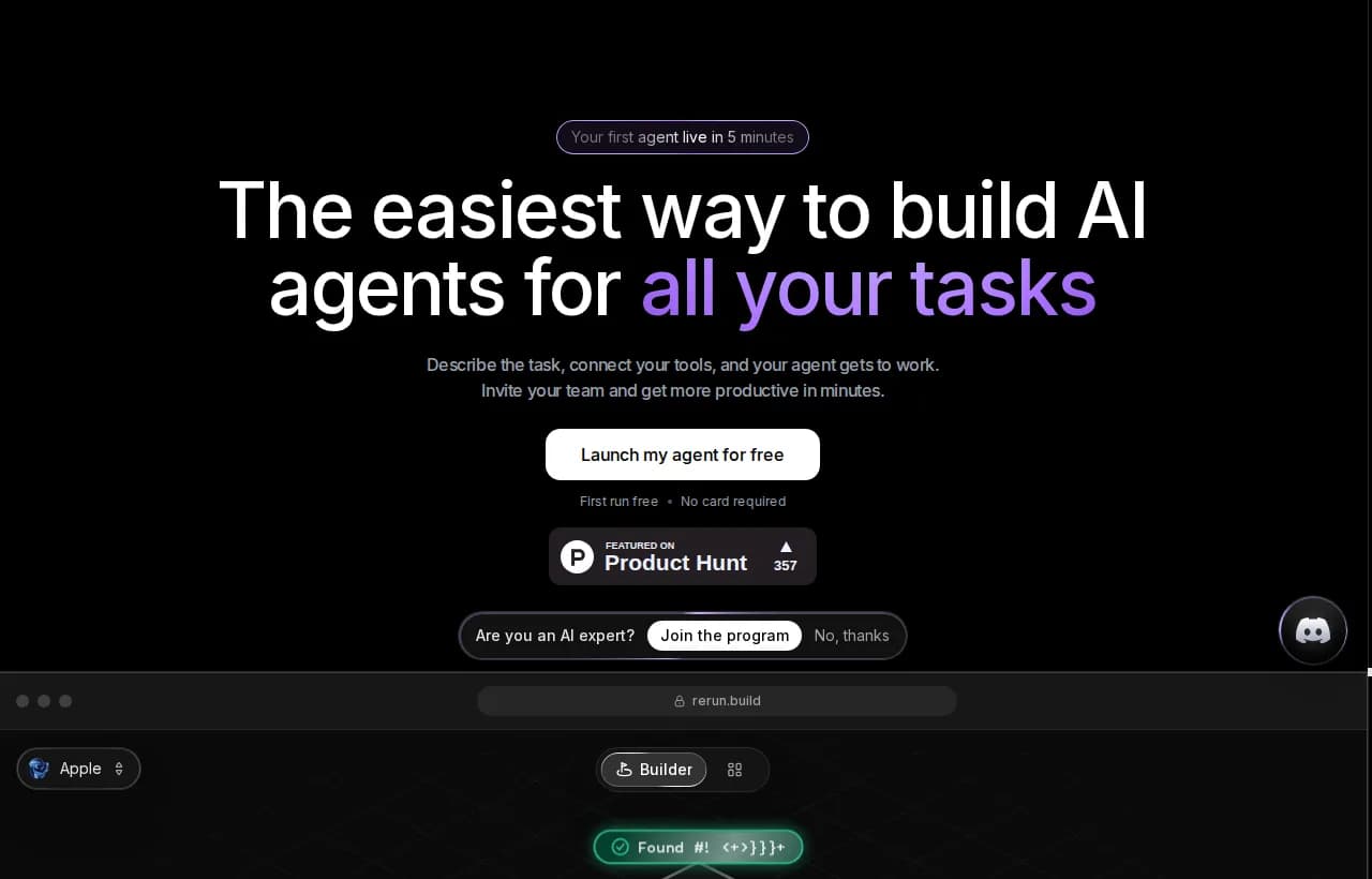 Rerun landing page showing autonomous AI agents building live with a five minute setup promise