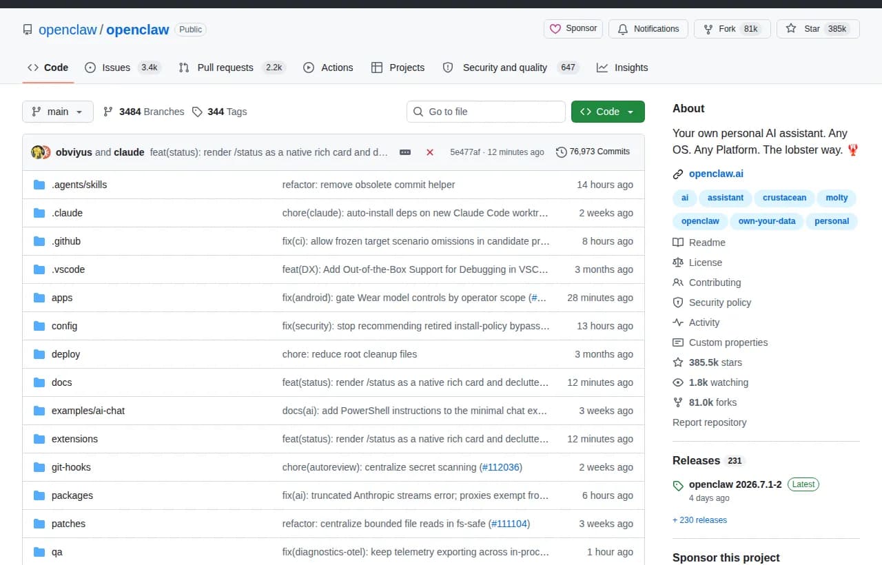 OpenClaw GitHub repository header showing 385K stars and its self-hosted personal AI assistant description