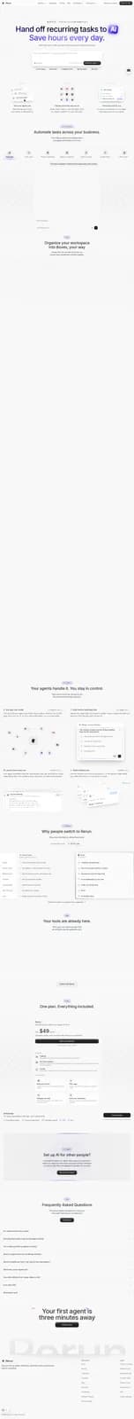 Rerun homepage showing scheduled agents, approvals, connected apps, and live work