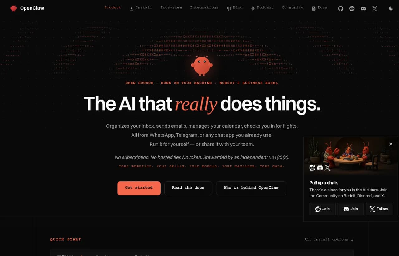 OpenClaw homepage hero with the headline The AI that really does things and chat app install options