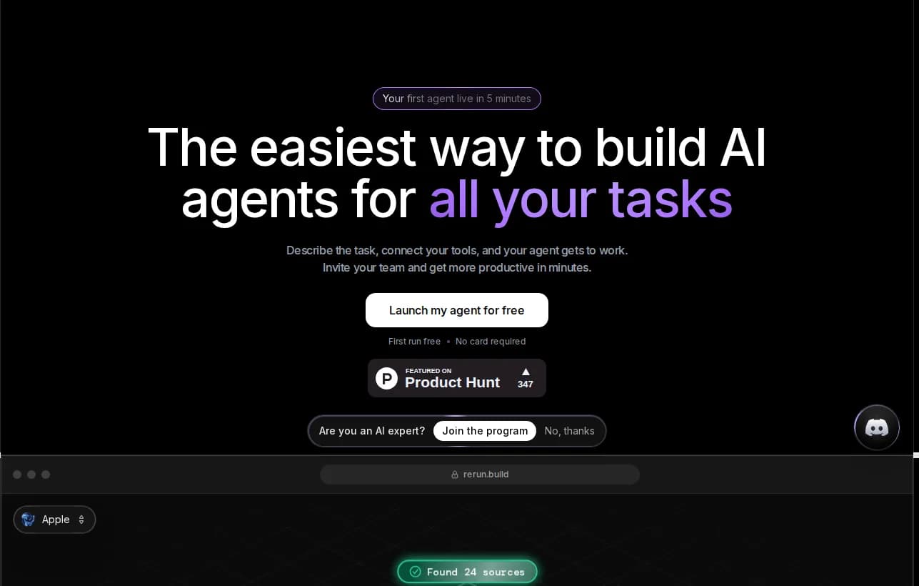 Rerun landing page hero showing the easiest way to build AI agents for all your tasks