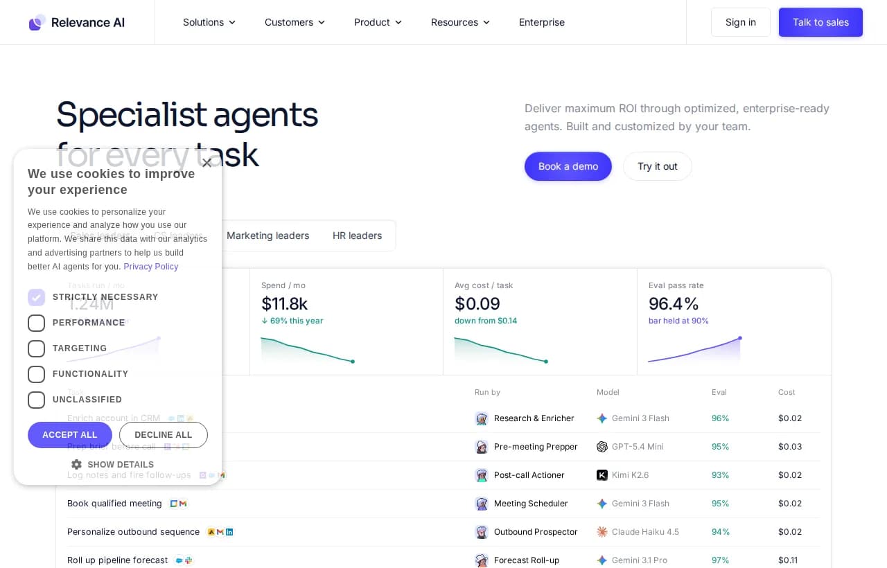 Relevance AI landing page showing specialist agents for sales, CS, marketing and HR teams