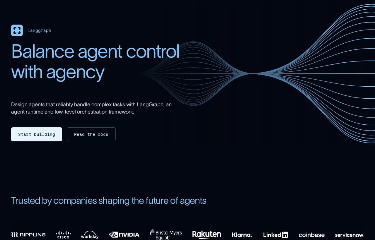 LangGraph landing page hero reading Balance agent control with agency, an agent runtime and low-level orchestration framework