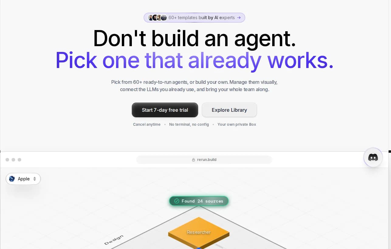 Rerun landing page showing autonomous AI agents you can pick, run, and watch work live on a dashboard