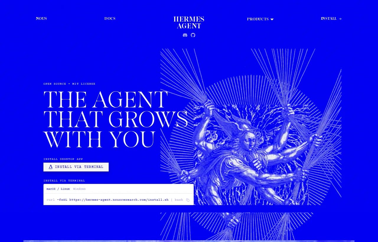 Official Hermes Agent landing page by Nous Research: an MIT-licensed, self-hosted AI agent that grows with you across every surface