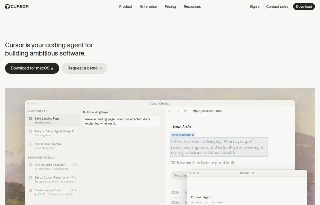 Cursor landing page in 2026 showing the cloud agent Kanban board, multi-model selector (GPT-5, Opus 4.8, Gemini, Grok), and the Slack integration for teams