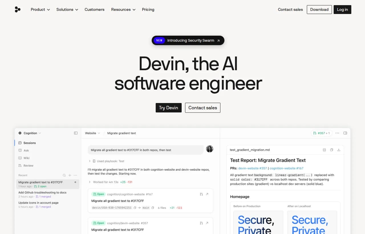 Devin landing page highlighting the Nubank case study: 8-12x engineering time efficiency gain and 20x cost savings on a multi-million-line code migration