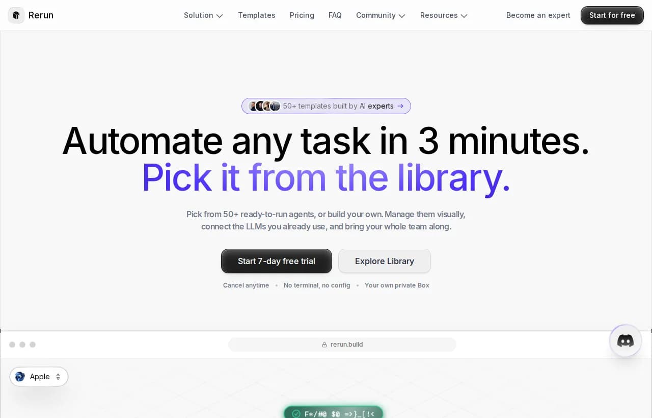 Rerun landing page showing ready-to-run agents you build in minutes and watch work in your own private cloud