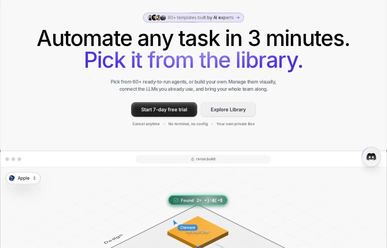 Rerun landing page showing 60+ agent templates and a private Box, automate any task in three minutes