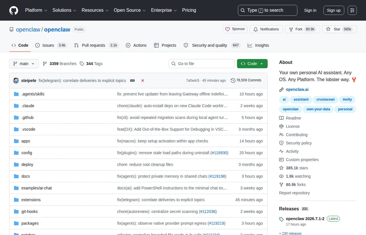 OpenClaw open-source AI agent framework GitHub repository showing 385k stars, install commands, and the self-hosted Gateway architecture