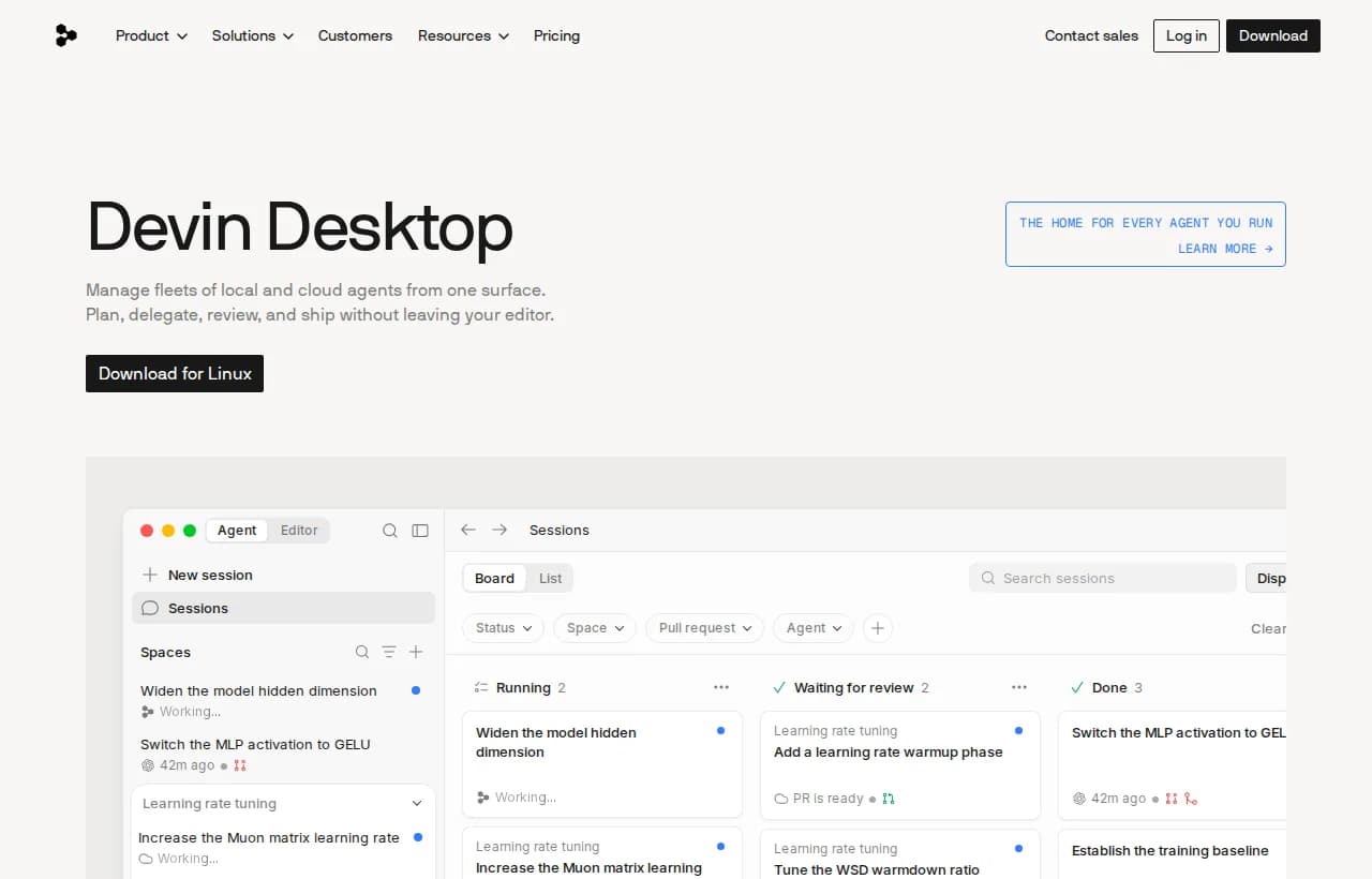 Devin Desktop (formerly Windsurf) landing page in 2026 — the Agent Command Center with multi-agent Kanban board, Spaces for shared worktree context, and a full IDE