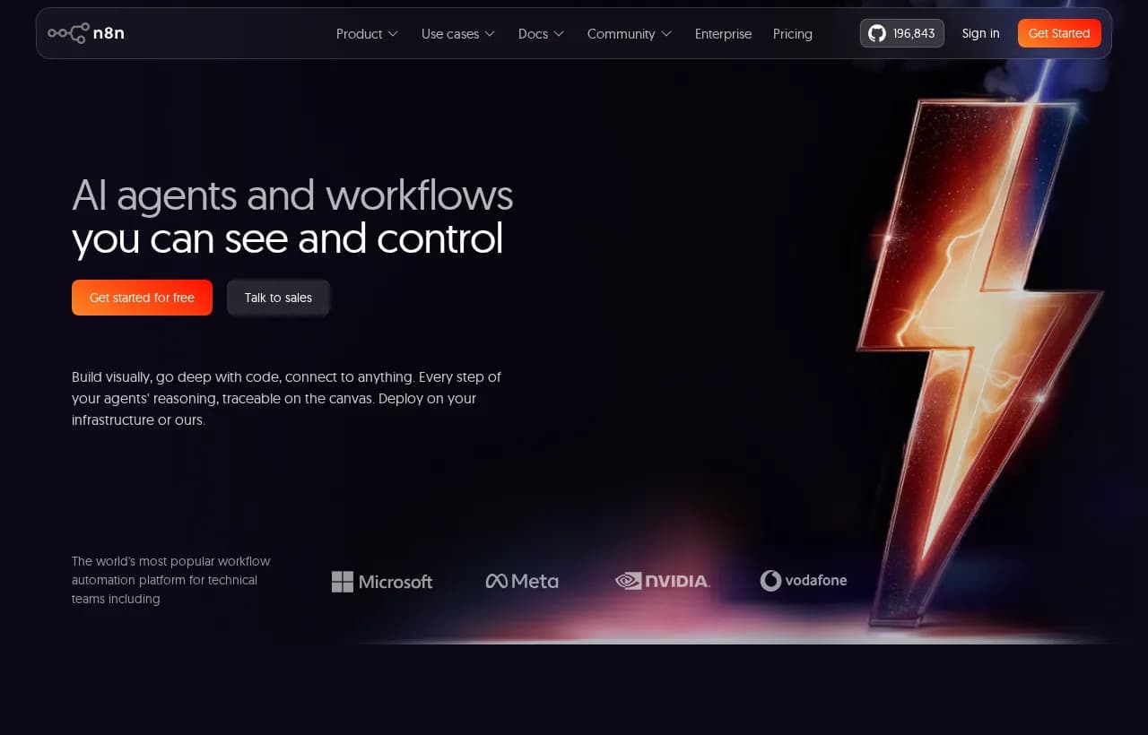 n8n landing page — hero section showing the open-source workflow automation platform for AI agents and integrations