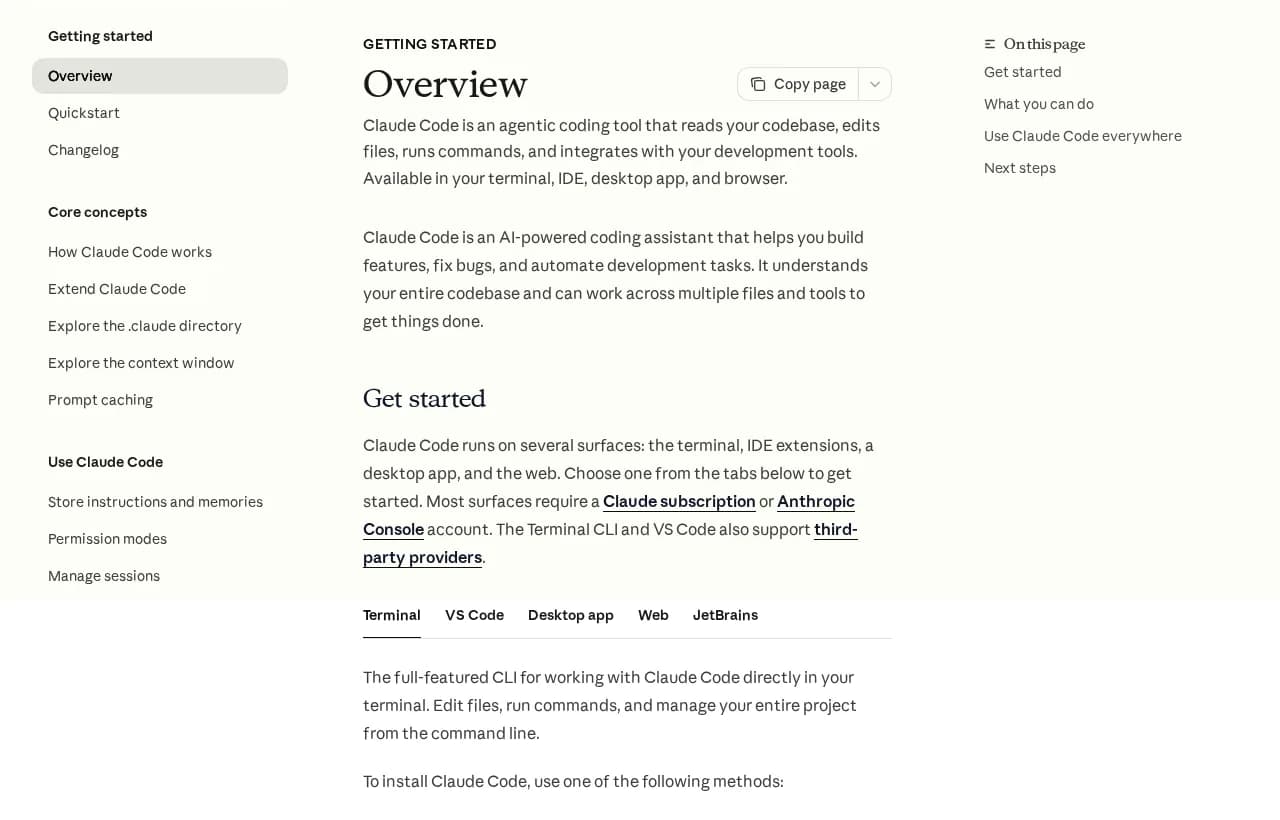 Claude Code documentation overview page describing an agentic coding tool across terminal, IDE, desktop and web
