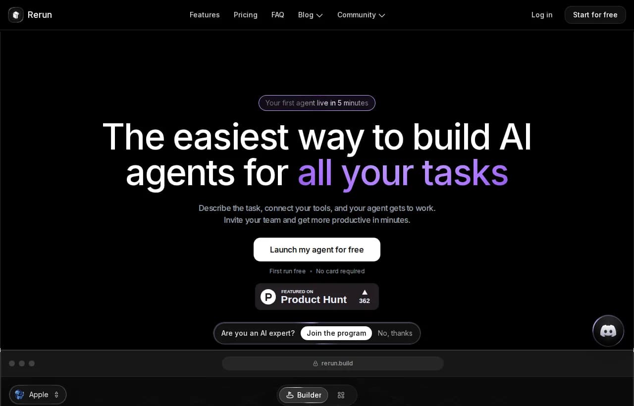 Rerun landing page hero showing build AI agents for all your tasks with a live dashboard
