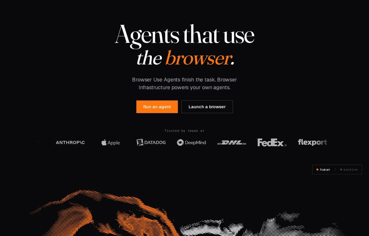 Browser Use landing page showing Browser Use Agents and browser infrastructure with an 82% accuracy benchmark