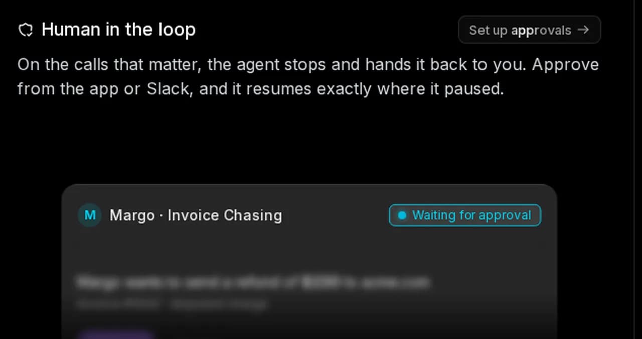 Rerun human-in-the-loop approval card: the agent Margo pauses on an invoice refund and shows a Waiting for approval state