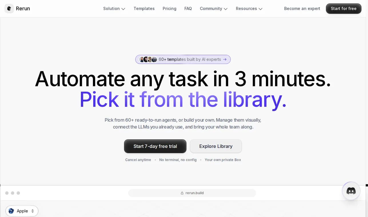 Rerun landing page hero, automate any task in three minutes with agents you watch work live