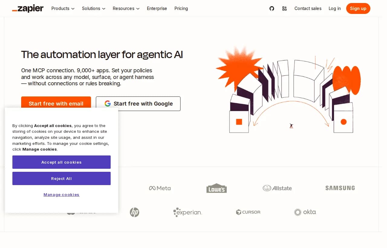Zapier landing page hero showing the automation layer for agentic AI with 9,000+ apps