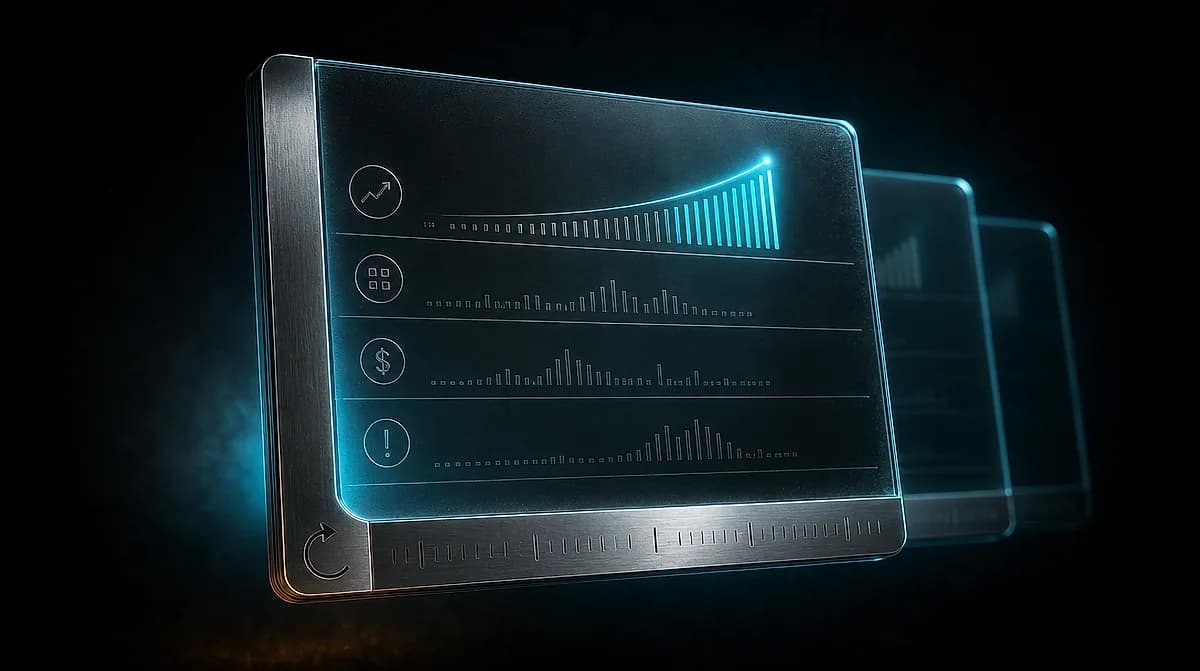 Metal framed dashboard glowing blue with four stacked bar chart rows and trend, grid, dollar and alert icons, on black