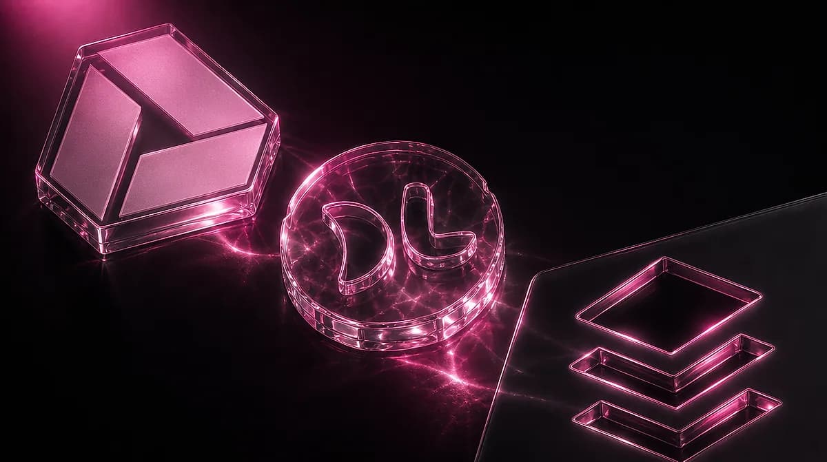 Three glass icons glowing pink on black: a Drive-style triangle, a circular DL disc with electric filaments