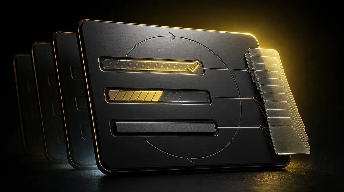 Dark metal panel with three progress bars, a full gold one topped by a checkmark, a partial gold one and an empty one