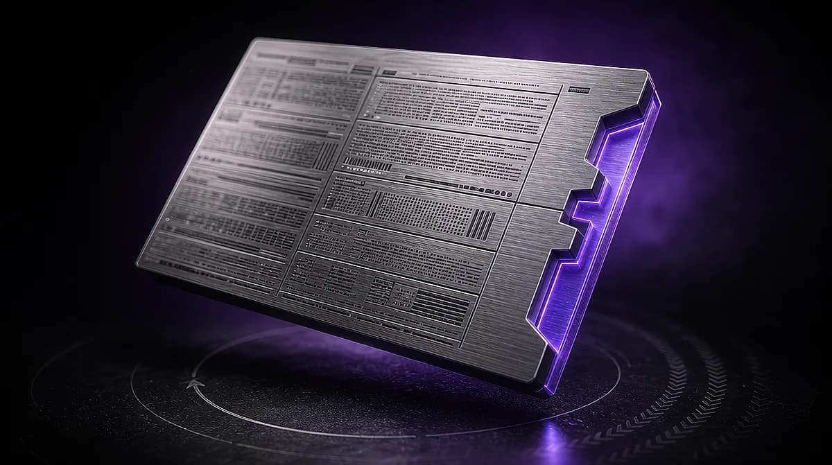 Brushed metal card etched with dense text and data fields, its notched right edge glowing purple