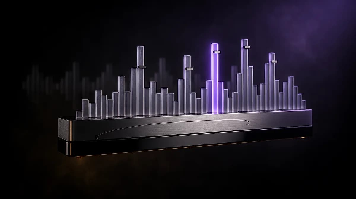 Frosted glass audio waveform bars rising from a dark metal base, one bar glowing purple, against a black background