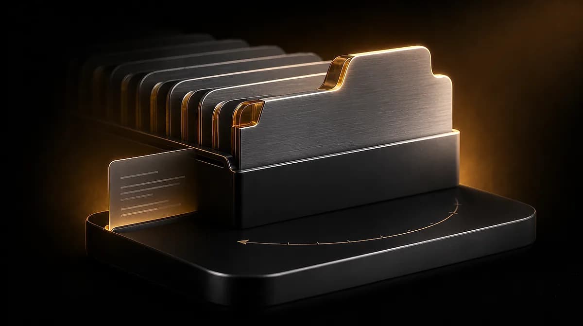 Brushed metal file folders in a black tray, edges lit gold, with a card of engraved text lines and a curved arrow etched
