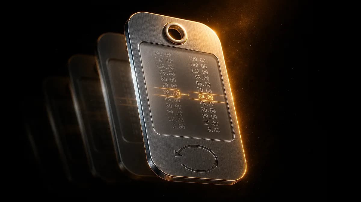 Brushed metal price tag device with two columns of numbers, one changed row glowing amber, a refresh arrow icon below