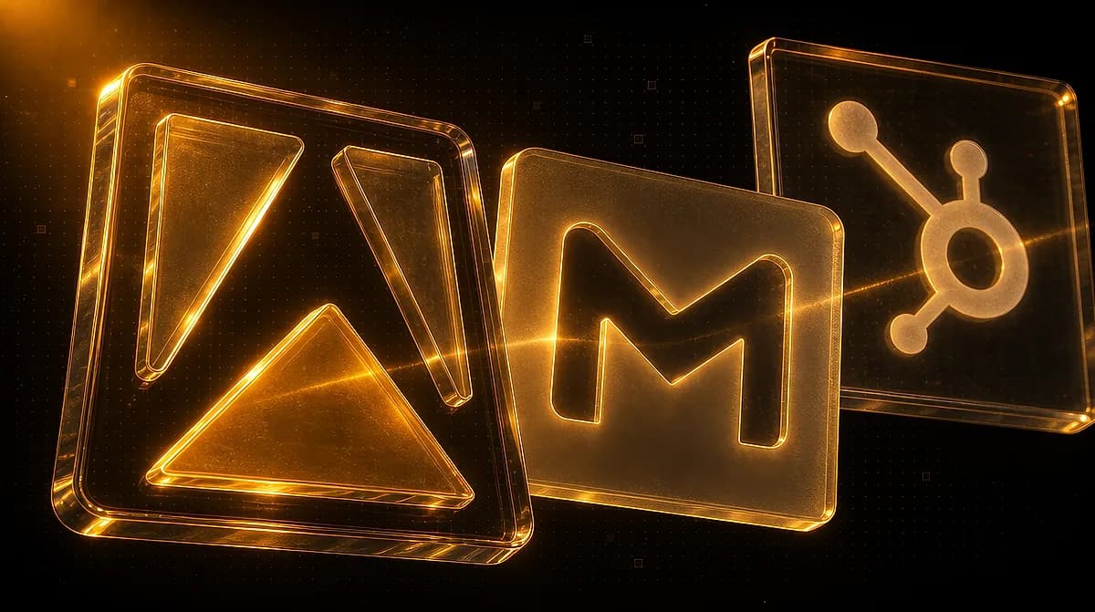 Three glowing amber glass tiles on black, showing the Apify triangles