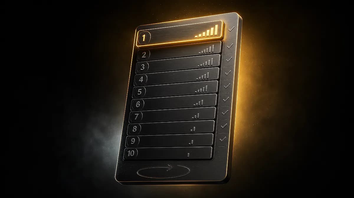 Dark metal ranked list numbered 1 to 10 with descending signal bars and checkmarks, top row glowing gold