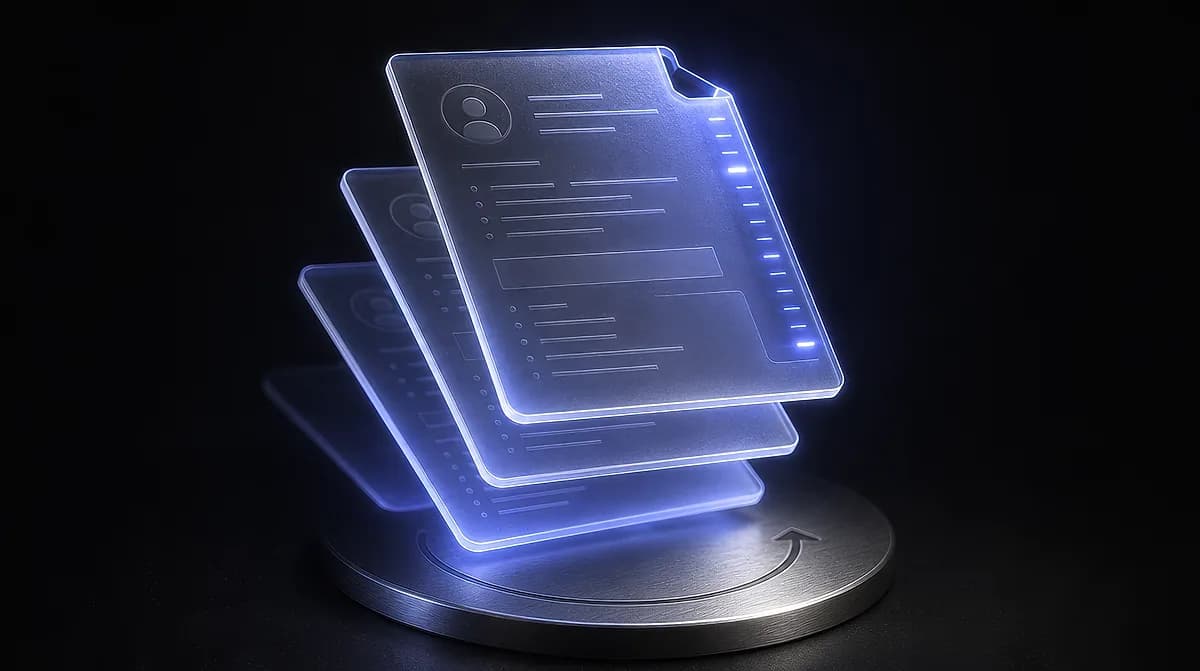 Three glowing translucent resume documents stacked and ranked above a brushed metal disc