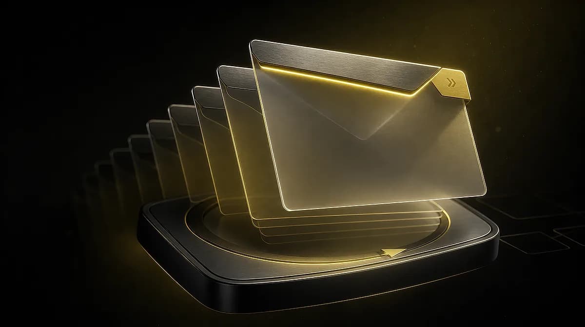 Row of translucent envelopes with glowing gold edges rising from a dark rounded tray