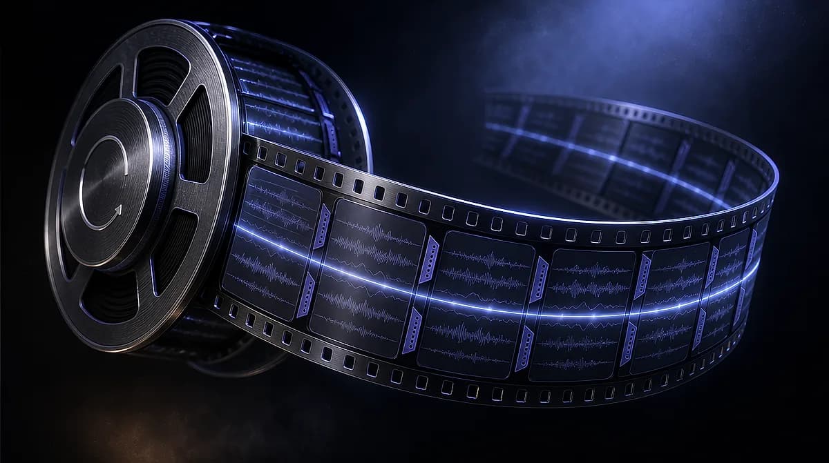 Dark metal film reel with unspooling strip, each frame glowing with blue audio waveforms against a black background