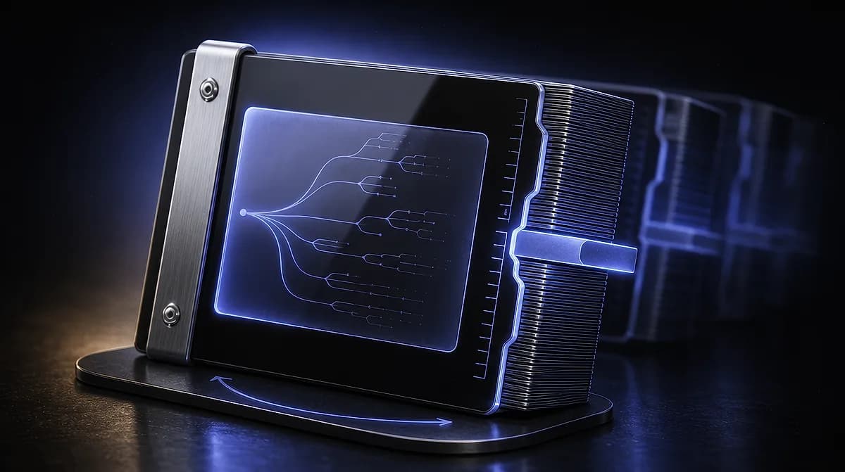 Dark metal display device showing a glowing blue branching dependency tree