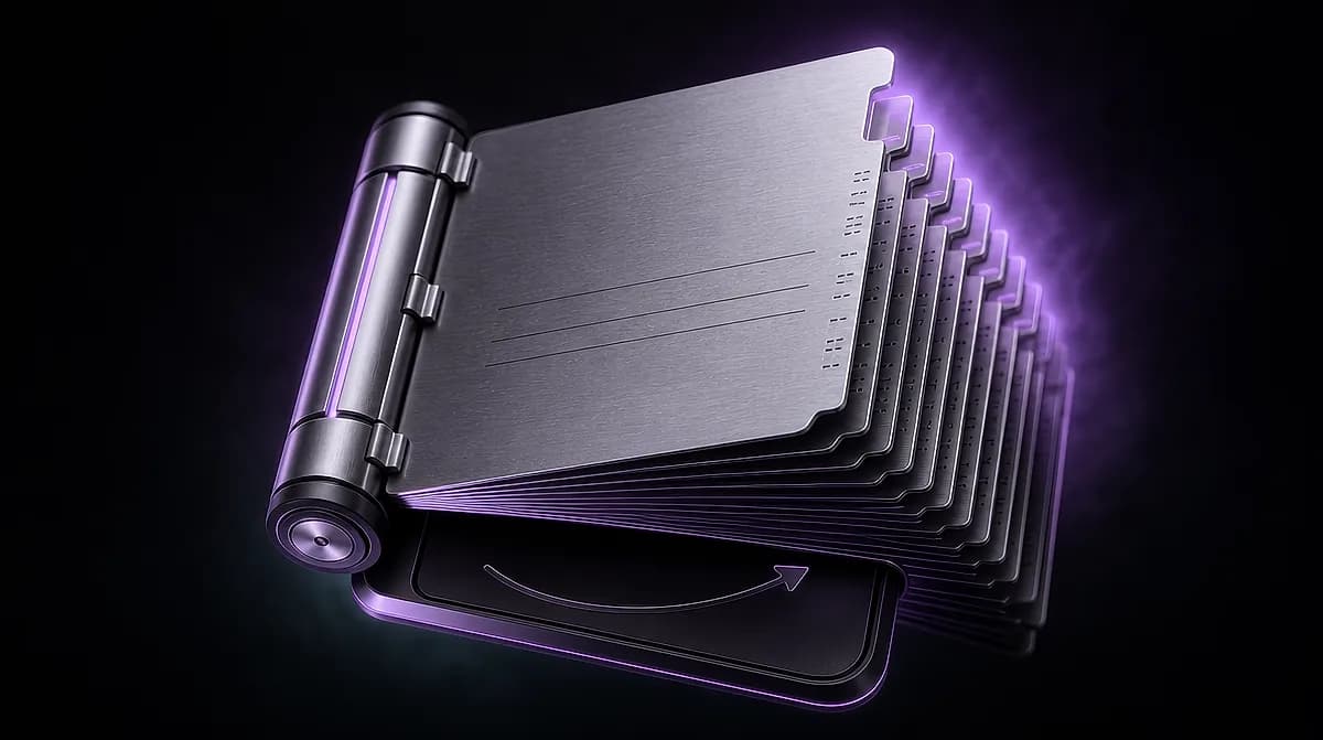 Brushed metal file folders fanned out on a hinged spine, glowing with purple light against a black background