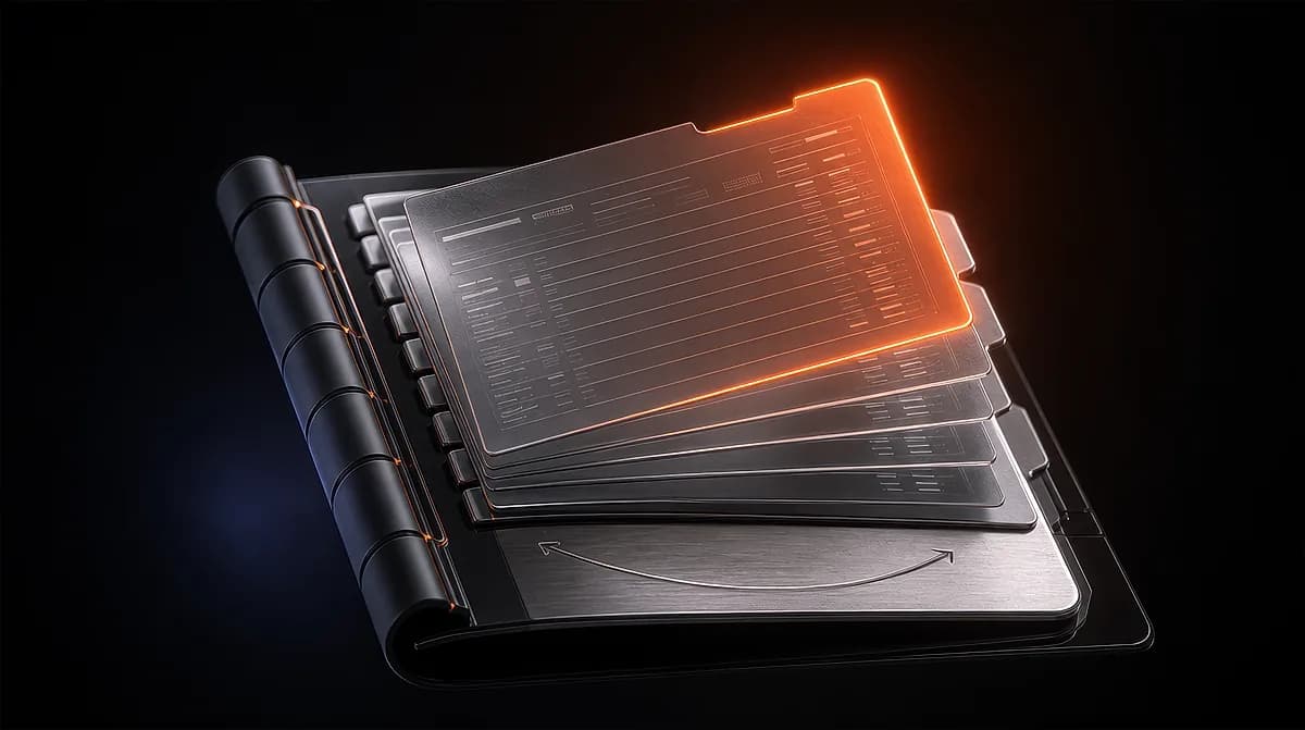 Dark metallic ring binder with tabbed report pages, the top sheet edged in glowing orange, set against a black background