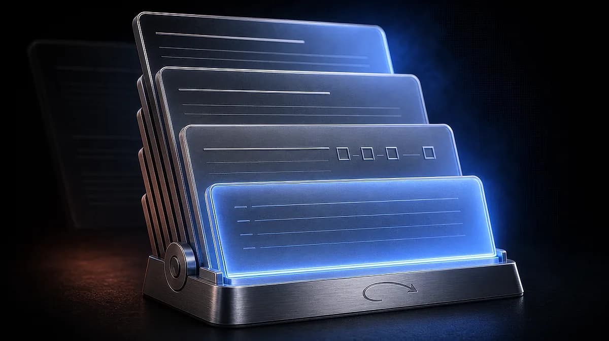 Metal document holder with four tiered translucent cards showing text lines and checkboxes, the front card glowing blue