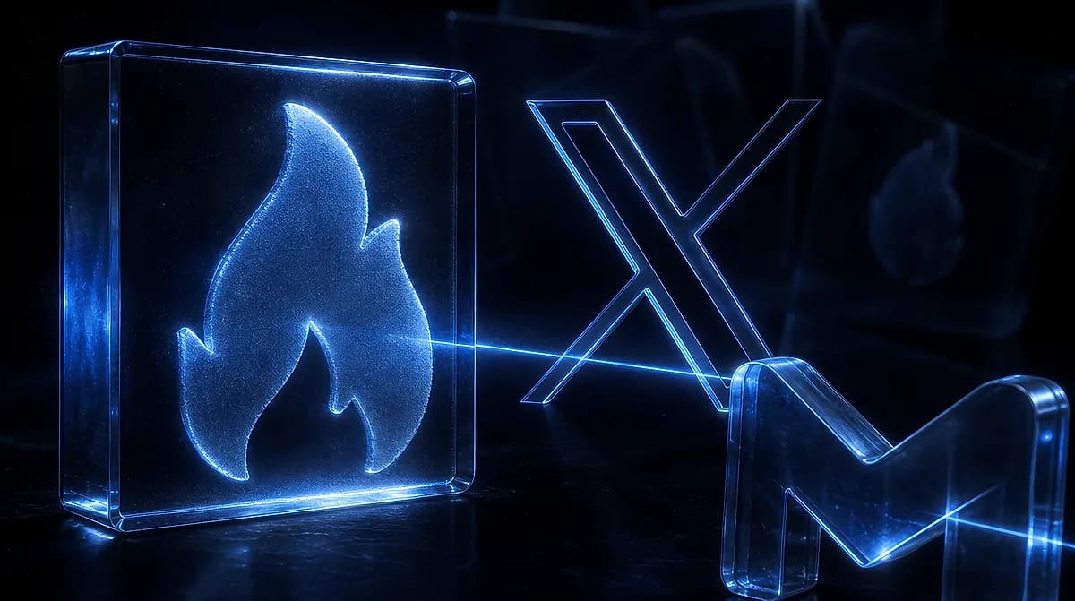 Glowing blue glass block with a flame icon linked by a light beam to an X logo and a Gmail envelope shape on a dark